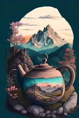 Cozy vibes drawing art tea pot, garden inside tea pot, mountain range in background