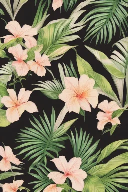 exotic tropical print with beautiful and elegant elements perfect for a range of end products from fabrics, fashion, home decor to paper and wallpapers : : black background, art nouveau, trending on artstation