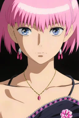 Detailed cute anime Kunoichi girl, pink hair buns, pink bangs, black latex bodysuit, intricate details, full body portrait, keep head in frame, slight smile, black Japanese motif, concept art, highly detailed, digital painting, concept art, sharp focus, illustration, art by Yoji Shinkawa, WLOP and greg rutkowski and alphonse mucha and artgerm and yanjun Chen and Junji ito and Makoto Shinkai, HDR, octane render