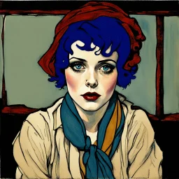 Clara bow, with blue hair, scarf, in the style of egon Schiele