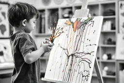 black and white photo of a kindergarten classroom where a 6 year old child flings colorful paint from a paint can at a white canvas on an easel making an incredible cutting-edge expressionist ink drip painting featuring dense layers of looping and overlapping drips of paint that give a sense of interconnectedness, artwork worthy of Jackson Pollock, mixed media, color splash