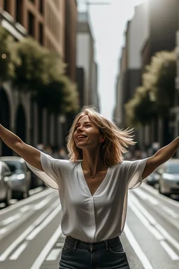 una mujer blanca con los brazos abiertos en una calle de una ciudad. Primer plano, fotografía realizada con cámara Leica y objetivo de 50 mm. fotografía en color. Colores alegres