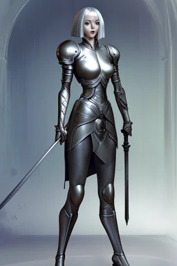 full body picture of a skinny woman with a bob, in silver armour, holding a curved sword, futuristic steampunk background