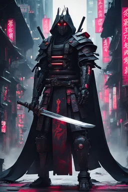 samurai robot in black cloak in a cyberpunk environment and big blood sword