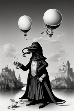 The Plague Doctor and a Mouse happily lost down the river attracted by mutual appreciation of their artistic desires in Balloon world, art by Magritte