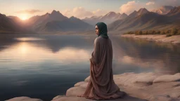 Hyper Realistic Sad Pukhtoon Young-Woman with a cloudy sunset riverside & mountains at the back