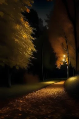 noche de otoño con un camino de árboles con poca iluminación