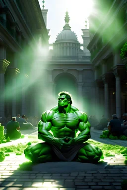 photograph orthographic zoomed out of a courtyard. incredible hulk in a crowded mall courtyard, hulk on knees with hands together in christian prayer. hulk looking up at the sky, rays of god's light streaming from the sky onto the hulk. dust motes.