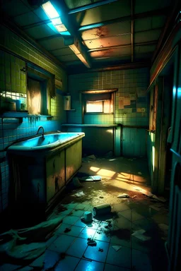 The dirtiest bar bathroom in existence. High volume fluorescent light. Grime. Inhospitable. Lens flare. Realistic photography. Urban exploration.