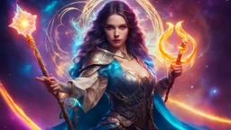 poster, a fantasy girl on a bright background holds a magic staff, with the ERAZE logo