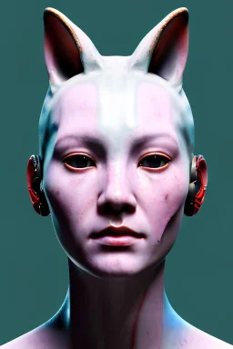 Medium Close Up Portrait, Front image. cyberpunk, rabbit mask, asian woman, short hair. Latex suit. white, pink, color. Cyborg woman style. Color background, photo studio. Avatar image, highly detailed, concept art, smooth, unreal engine 5, ray tracing, RTX, lumen lighting, ultra detail, volumetric lighting, 3d, finely drawn, high definition, high resolution.