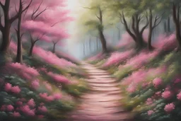 A pathway, in the middle of the forest surrounded by plenty trees and beautiful pink flowers. Realistic painting”