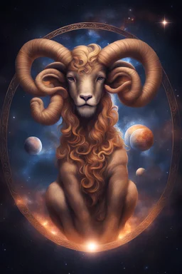 Aries, the Zodiac God, holding Planet Mars , centered , in the galaxy
