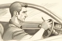 pencil sketch of a guy driving a right hand drive car