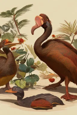 John James Audubon-like illustration of a fully uncropped Dodo bird and a Platypus in a landscape of warm yellows, warm reds, and warm blues