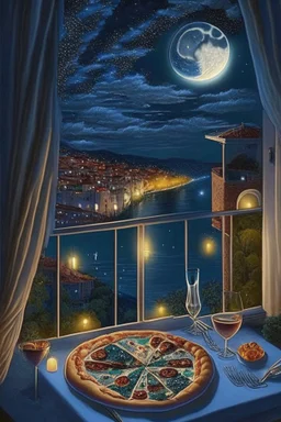 It's a starry night, with a luminous crescent moon, and from the balcony of an elegant luxury apartment, a view of a city with a hill and a river, lights in the windows of the houses. On the balcony, a dining table with a tray with a bird pattern, pizza and wine in starlight