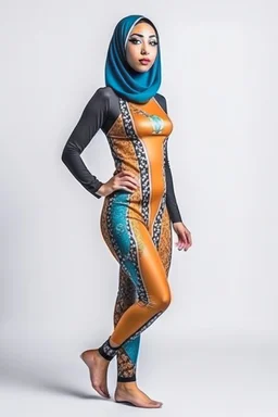 full body portrait of a fit princess with extremely muscular body in hijab and expensive designer swimsuit