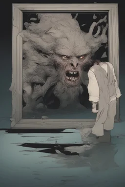 a man looking into a shattered mirror and seeing a horrifyingly smeared and deranged monster in his reflection