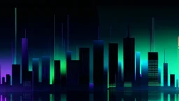 Digital and poly illustration of a minimalist and digital city with a dark background and gradients with light blue, light green, and purple.