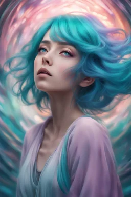 A stunning Anime girl suspended in a kaleidoscope of colors, captured in a photorealistic, cinematic photograph, as if plucked from a dream sequence. Her vibrant turquoise hair flows like a river, contrasting with the muted, earthy tones of her skin, set against a gradient of iridescent pinks and purples, evoking a sense of ethereal mysticism. Soft, cinematic film grain textures the image, infusing it with a sense of nostalgic warmth, as if lit by the flickering lights of a vintage cinema.