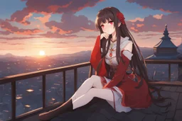 woman with long brown hair, red eyes, pale skin, highly detailed, intricate background, sitting on rooftop during sunset, contemplative, anime style, Genshin Impact inspired, dynamic composition