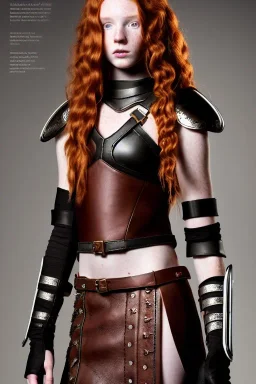 hyperrealistic, concept illustration, super-detailed, beautiful teen female who is 16 years old with long ginger hair and freckles with full lips,, full body, full face, athletic, centred camera, ignore NSFW, skimpy brown fantasy leather armor, halter top, thong, knee-high leather boots, open leather skirt, stern expression, cute pose