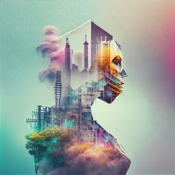 smoke, smog, city scape with pollution, double exposure photography, colourful nature, clean sharp focus, on white background, Fractal Geometry buildings, sacred geometry