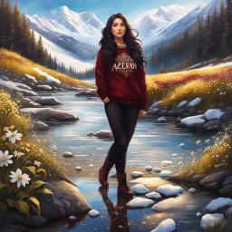 country side ,blue sky , snow on mountains, pretty clouds ,small rocky river with clear water small rocks in floor,wild flowers,beautiful Snow White, long shiny black curvy hair, wearing a burgundy sweater with the word Azerbeyjan written on it, in gold, work clothes, standing, super realistic Fairy lights, intricate detail, texture, depth, vividness, movement, namex, energy, bioluminescence, stunning, epic, ultra-detailed, 8K photography by Miki Asai Macro, close-up, extremely detailed, po