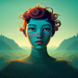 beautiful illustration of a face made of ribbons of seaweed, ultra sharp, glare, made of light, in the style victo ngai and sam guay and abigail larson and moebius, rim light, vibrant moody colors, plain background, dramatic lighting, unreal engine