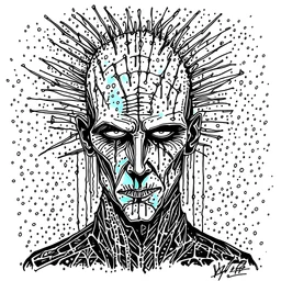 ultra cyberpunk, Pinhead from Hellraiser, cyan-black, watercolor painting by fountain pen, ink drip, minimalist cartooning, Phoenician Art.