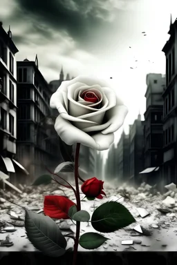 A destroyed city ,a white rose with blood,