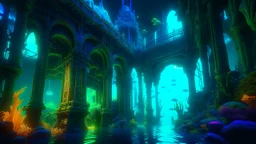 An underwater city filled with mysterious creatures and strange technology, filled with glowing neon lights and intricate details. --ar 4:3 --s 42000 --uplight --q 3