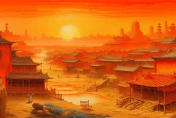 An orange colored Chinese village in a wasteland painted by Francis Danby