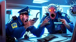 male cop dispatcher deals with evil virus coming out of the phone