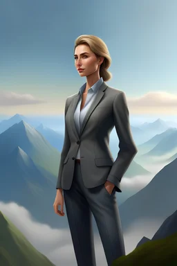 An illustration of a hyperrealistic HD of a successful cute sexy and gorgeous-looking woman wearing a corporate suit with her hands in her pocket standing on a mountain top, looking and facing the horizon, looking sideways and envisioning business plans.