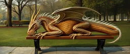 master oil painting by Rembrandt, transparent dragon sleeping on a bench in the park