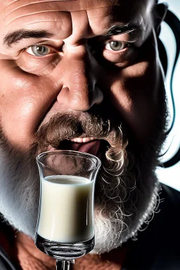 extreme close up photography, dirty burly chubby sicilian ugly strong 55 years old redneck man with the tongue out , full of splashing milk in the face dripping on the beard, with dirty tank top, emotional eyes, manly chest, photo, Canon EOS, lens 35mm, natural lights, 8K, in the morning -