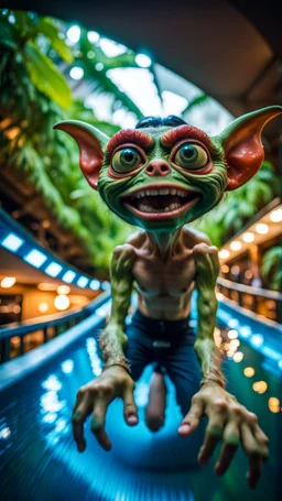 fisheye selfie by furry hairy pimp rocker alien giant gremlin on bridge over water slide magically levitating in dark lit reflective wet jungle hall hotel tunnel,bokeh like f/0.8, tilt-shift lens 8k, high detail, smooth render, down-light, unreal engine, prize winning