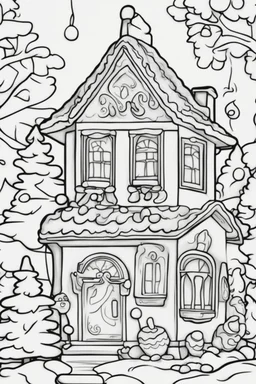 coloring page for 3 YEARs kids, , cartoon style, thick outline, low details, no shading, no color, Decorated gingerbread house, no background