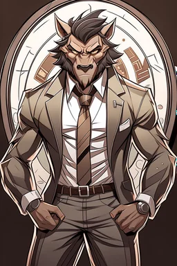 Buff, anthro, wolf, himbo, black fur, gold eyes, wearing a suit, full-body, muscles, strong, muscular, man boobs, bulky, tail