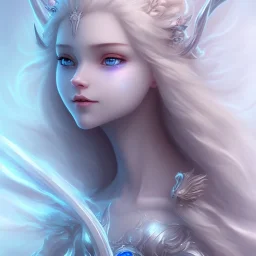 visage souriant, fée magicienne du nord, fantasy, bleu et rose grands yeux bleus, cheveux long blond