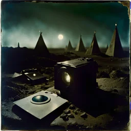 Photorealistic polaroid nothingness and distress, wasteland night Max Ernst Hieronymus Bosch, volumetric light, movie shot, details, high contrasts, nightmare, hypermaximalist