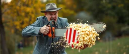 pop corn bucket that looks like a chain saw wielded by serious angry law man
