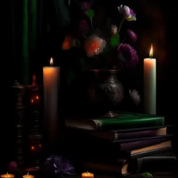 rave on books with flowers and lit candles dark moody art with browns green earthy tones, deep purples, hyper realistic maximalist concept art