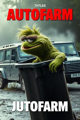 Oscar the AUTOFARM Grouch SESEME ST CHARACTER IN LARGE GARBAGE TRASH BIN,GARBAGE TRASH BIN, side profile, "GARBAGE TRASH BIN IN FRONT" man in super blackscary (((((autofarm)))))) TITLE in movie poster movie style horror look. as five headed mouth open, rough teeth, turn head around, landrover crash in background(&*&*^%$^#%$#%$^%$#^#$#^%#$^$#