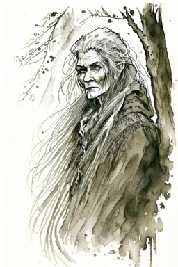 ink wash and watercolor illustration of an ancient grizzled, gnarled female vagabond wanderer, long, grey hair streaked with black, highly detailed facial features, sharp cheekbones. Her eyes are black. She wears weathered roughspun Celtic clothes, emaciated and tall, with pale skin, full body , thigh high leather boots within a forest of massive ancient oak trees in the comic book style of Bill Sienkiewicz and Jean Giraud Moebius , realistic dramatic natural lighting, rich earth tones