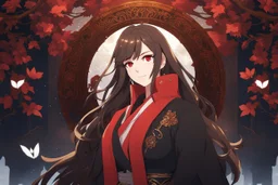 woman with long brown hair and red eyes from Genshin Impact, intricate background, intricate face, contemplative, anime style, dynamic composition