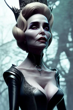 Constance Langdon as evil queen in black leather, leather, busty, cleavage, angry, stern look. character design by cory loftis, fenghua zhong, ryohei hase, ismail inceoglu and ruan jia. unreal engine 5, artistic lighting, highly detailed, photorealistic, fantasy