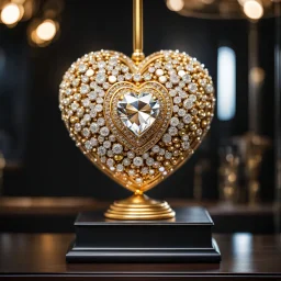 A magnificent golden and silver heart-shaped sign adorned with a stunning golden sphere encrusted with sparkling diamond clusters at its center, elegantly spinning in position.