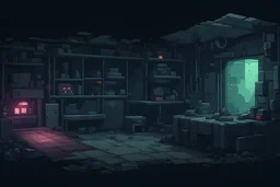 background, abandonned underground clandestine laboratory bunker for asset video game pixel art 2D view, platformer,